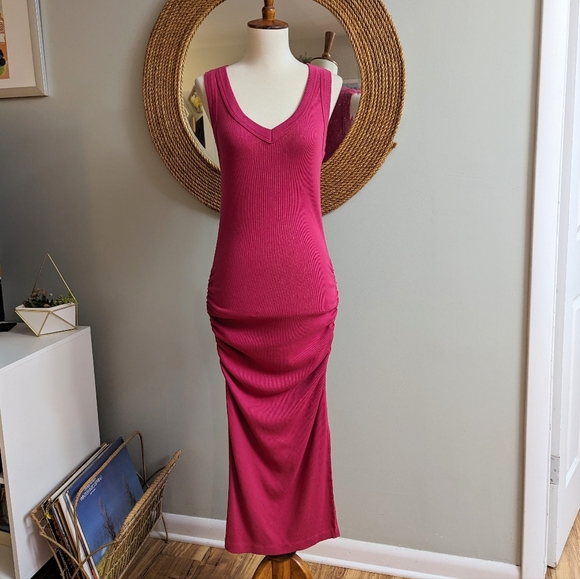 Michael Stars Ultra Rib Lori Midi Dress Fuchsia - Picture 2 of 6